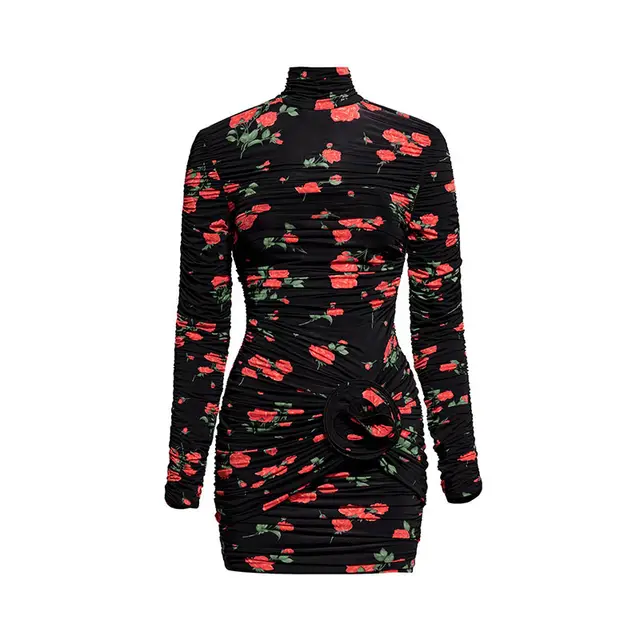 Elegant Half Turtleneck Flower Decorative Pleated Skirt Black - Shop at LoveMi