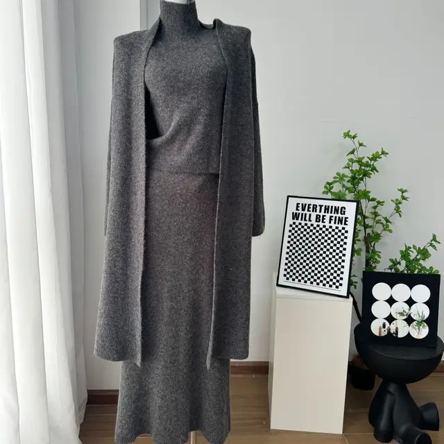 Turtleneck Sleeveless Vest Top And Fishtail Skirt Match Long Cardigan Three piece Set Dark Gray - Shop at LoveMi