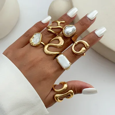 Open end Pearl Ring Set Geometric Ring Gold 7 Sets - Shop at LoveMi