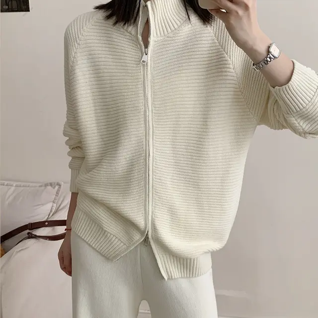 Fashionable Knitted Cotton Suit Zipper Cardigan Casual Trousers Beige - Shop at LoveMi