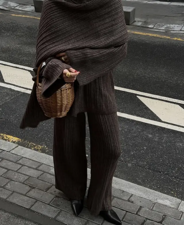 Elegant Style Crew Neck Pullover Sweater Trousers With Scarf Three piece Set Brown - Shop at LoveMi