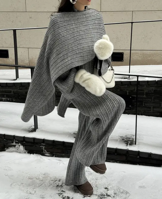 Elegant Style Crew Neck Pullover Sweater Trousers With Scarf Three piece Set Gray - Shop at LoveMi