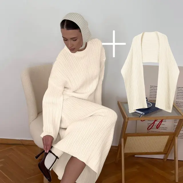 Crew Neck Pullover Sweater Skirt With Scarf Three piece Set Beige - Shop at LoveMi