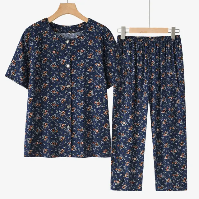 Grandma Summer Short Sleeve Suit Cotton Silk Women Navy Blue Small Flower Suit - Shop at LoveMi