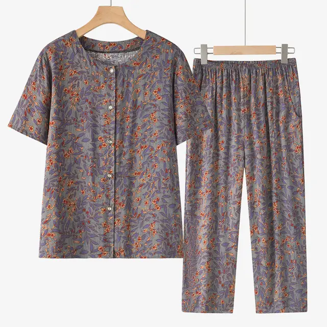 Grandma Summer Short Sleeve Suit Cotton Silk Women Small Purple Flower Suit - Shop at LoveMi