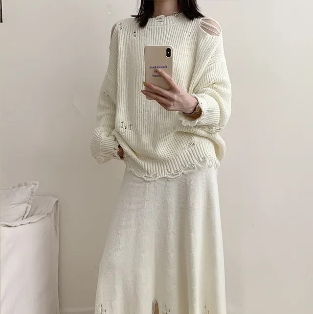 Fashion Women's Wear Long Sleeve Cotton White Round Neck Sweater Irregular Ripped Skirt Beige - Shop at LoveMi