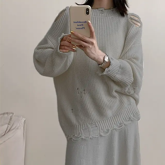 Fashion Women's Wear Long Sleeve Cotton White Round Neck Sweater Irregular Ripped Skirt Light Gray - Shop at LoveMi