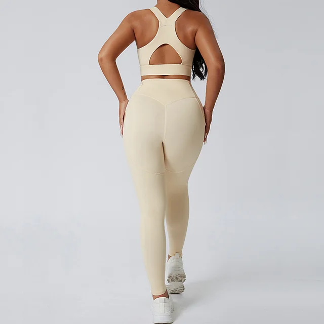 European And American Skinny Yoga Clothes Gym Exercise Suit Apricot - Shop at LoveMi