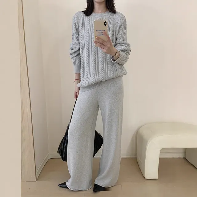 Round Neck Knitted Long Sleeve Vertical Stripe Twist Loose All matching Top Soft Trousers Light Gray - Shop at LoveMi