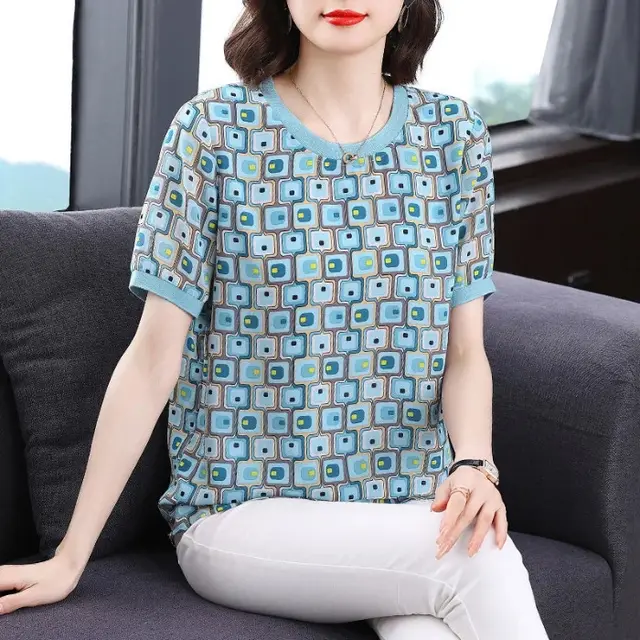 Women's Loose Oversized Printed Short Sleeved Shirt Blue - Shop at LoveMi