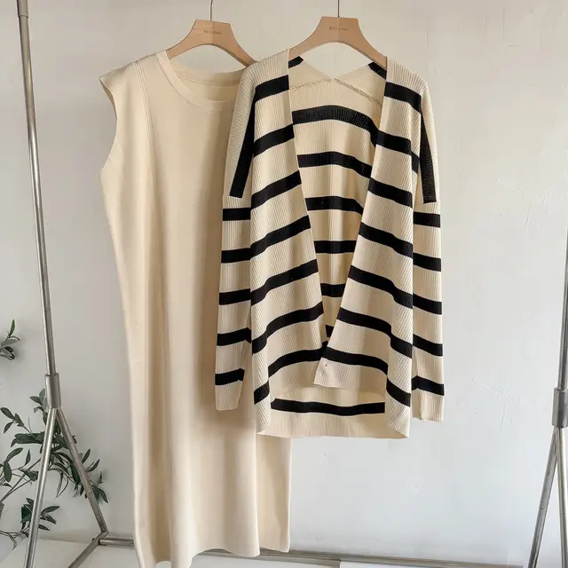 Women's Autumn Loose Mid length Striped Sweater Skirt Apricot - Shop at LoveMi