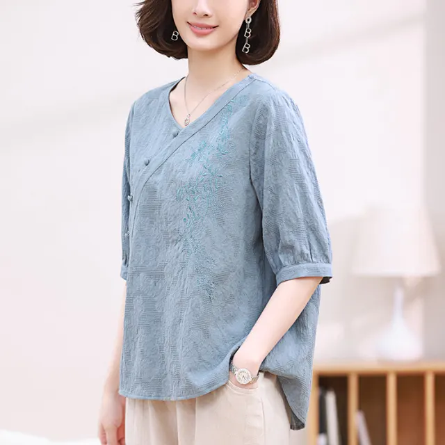 Short Sleeve T shirt Women's Summer Cotton And Linen Top Blue - Shop at LoveMi