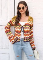 Knitted Shirt Rainbow Color Wave Pattern Christmas Sweater - Sunset Yellow