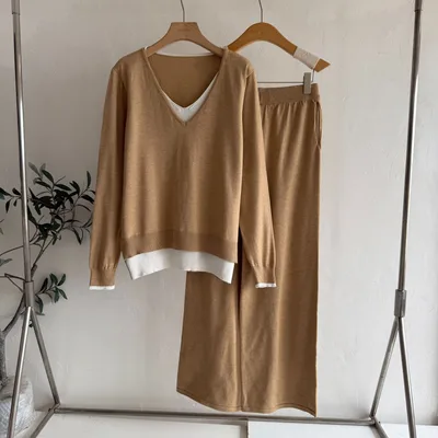Autumn Winter Retro Fake Two piece V neck Fashion Knitwear Top Camel Brown - Shop at LoveMi
