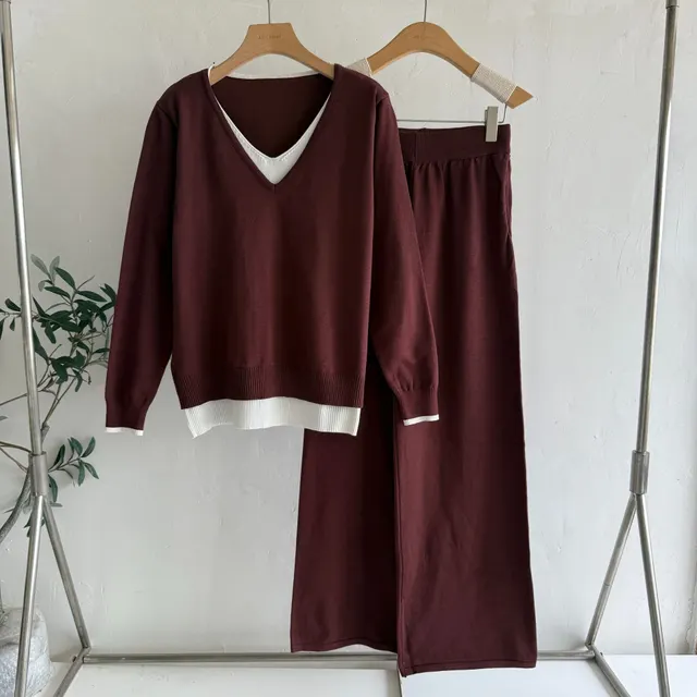 Autumn Winter Retro Fake Two piece V neck Fashion Knitwear Top Coffee Color - Shop at LoveMi
