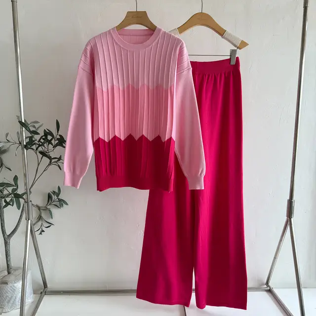 New Casual Contrast Color Round Neck Long Sleeve Women's Suit Rose Red - Shop at LoveMi