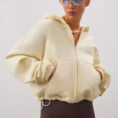 Autumn And Winter New Outdoor Sports Loose Cardigan Hoodie Light Yellow - Shop at LoveMi