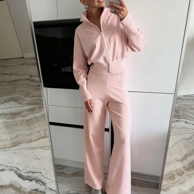 Lapel Double headed Zipper Knitted Trousers Suit Fashion Slim Casual Lotus Root Color - Shop at LoveMi