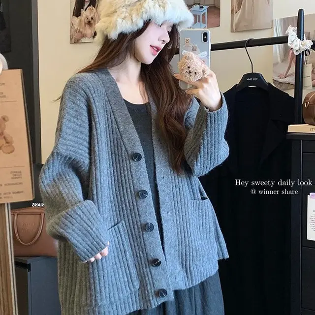 Long sleeve Cardigan Sweater Women Knit Casual Loose Solid Color Coat Top Gray - Shop at LoveMi