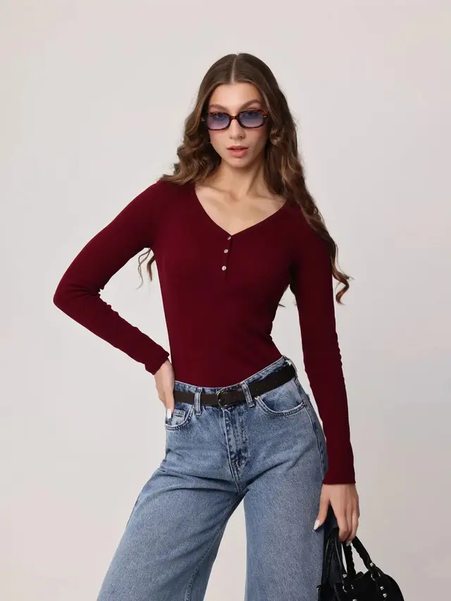 New Women's Versatile Buttons Bottoming Shirt Wine Red - Shop at LoveMi