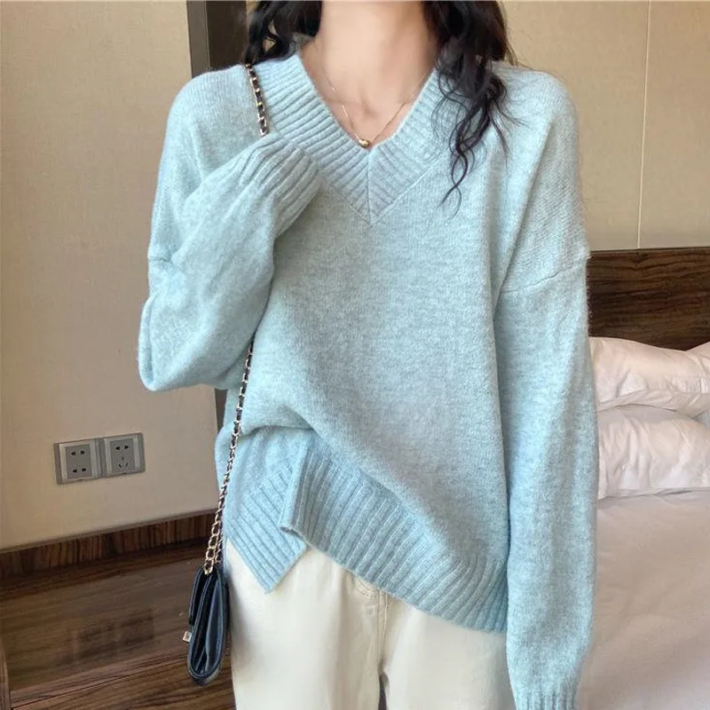 Cotton Cashmere Casual Laid back Style V neck Pullover Sweater Light Blue - Shop at LoveMi