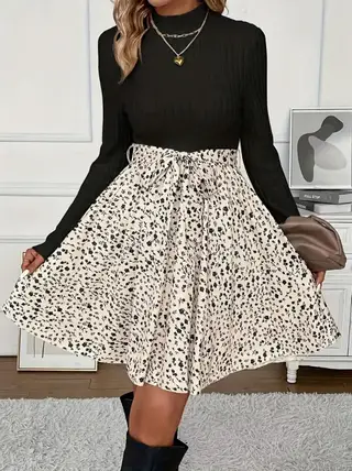 Women's Multicolour Printing Dress Round Neck Long Sleeve Floral - Black