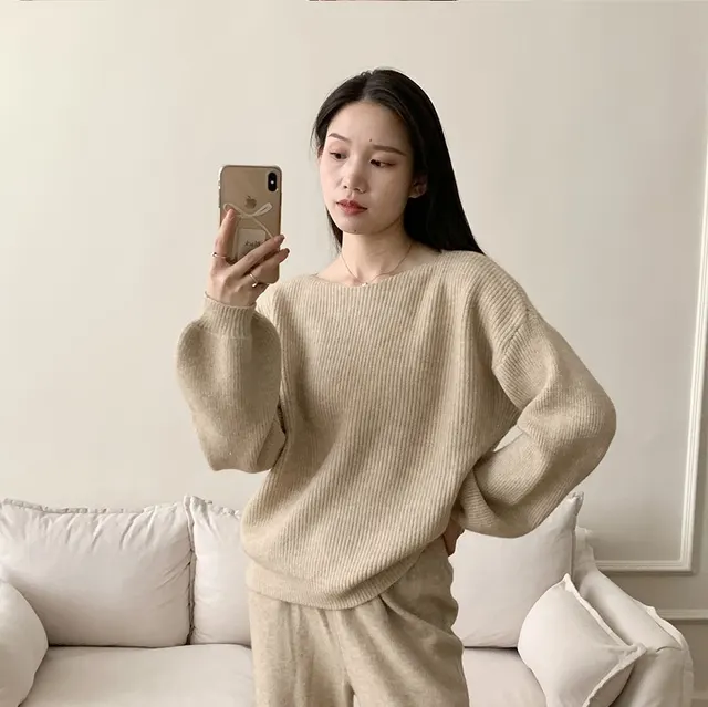 Knitted Sweater Suit Women's Loose Crew Neck Top Wide leg Pants Apricot - Shop at LoveMi