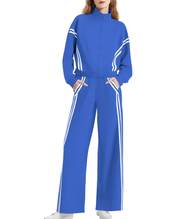 Women's Side Double Stripe Long sleeve Zipper Pants Pocket Sports Suit Royal Blue Double White - Shop at LoveMi