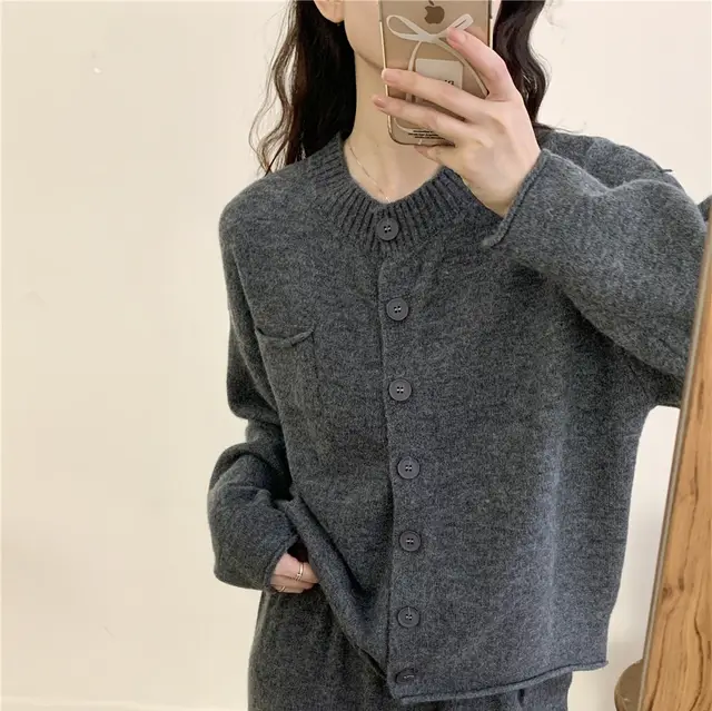 Knitting Suit Women's Loose Round Neck Cardigan Sweater Wide Leg Pants All matching Gray - Shop at LoveMi