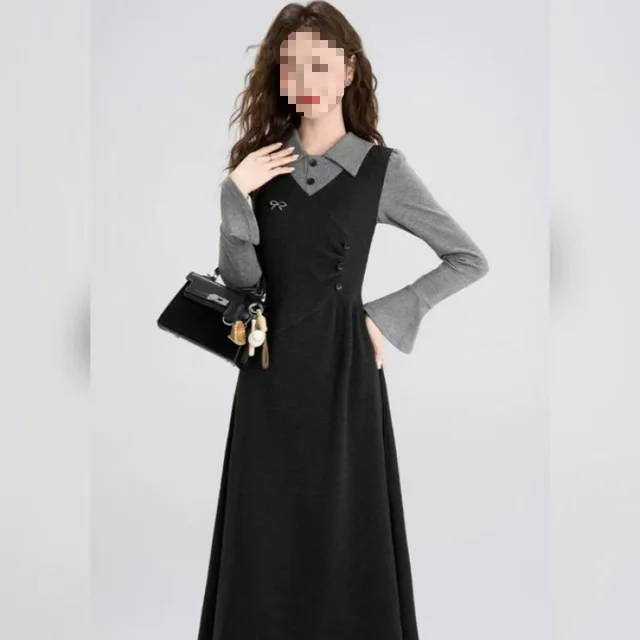French Retro Knitted Dress High grade Women's Large Size Long Dress Black - Shop at LoveMi