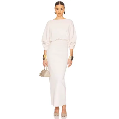 French Round Neck Lantern Sleeve Slimming Long Sleeve Arm Covering Solid Color Dress White - Shop at LoveMi