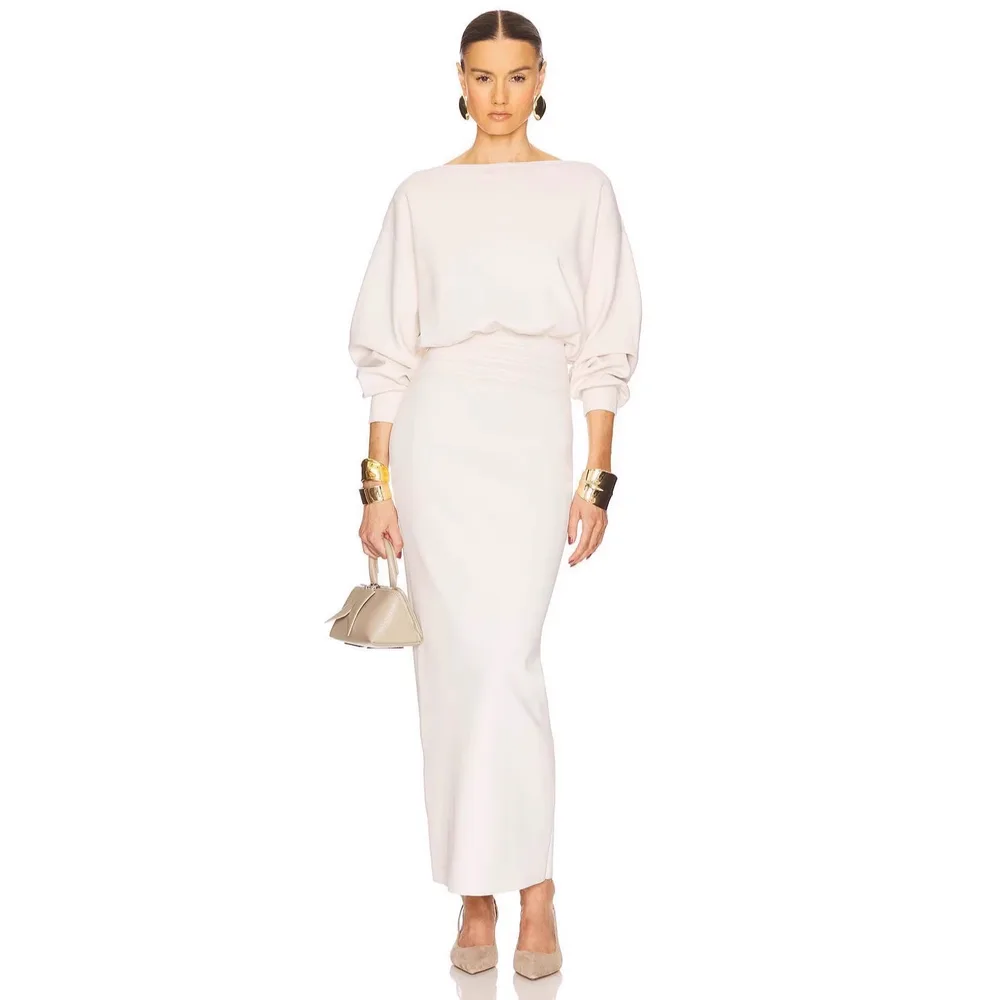 French Round Neck Lantern Sleeve Slimming Long Sleeve Arm Covering Solid Color Dress - White - View 1