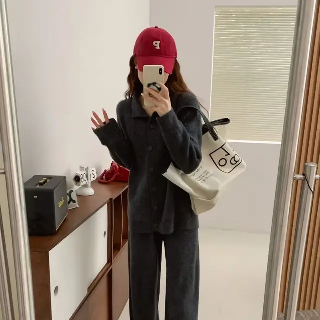 Knitting Suit Women's Half Turtleneck Single breasted Coat High Waist Wide Leg Pants Fashion Dark Gray - Shop at LoveMi