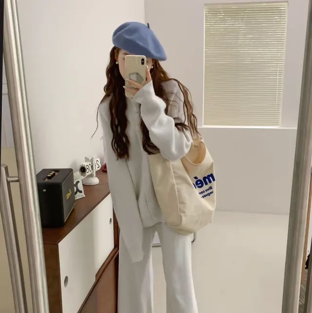 Knitting Suit Women's Half Turtleneck Single breasted Coat High Waist Wide Leg Pants Fashion Milky White - Shop at LoveMi