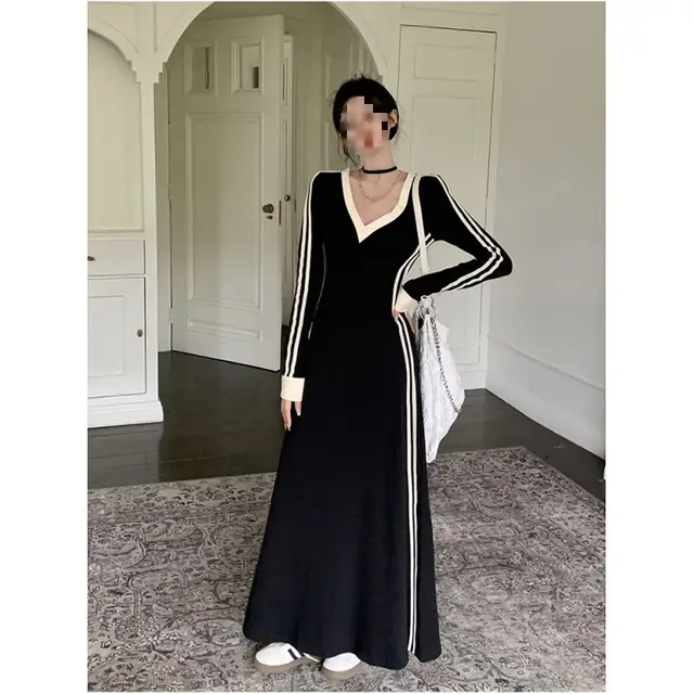 Women's Korean style Striped Long sleeved Bottoming Dress Black - Shop at LoveMi