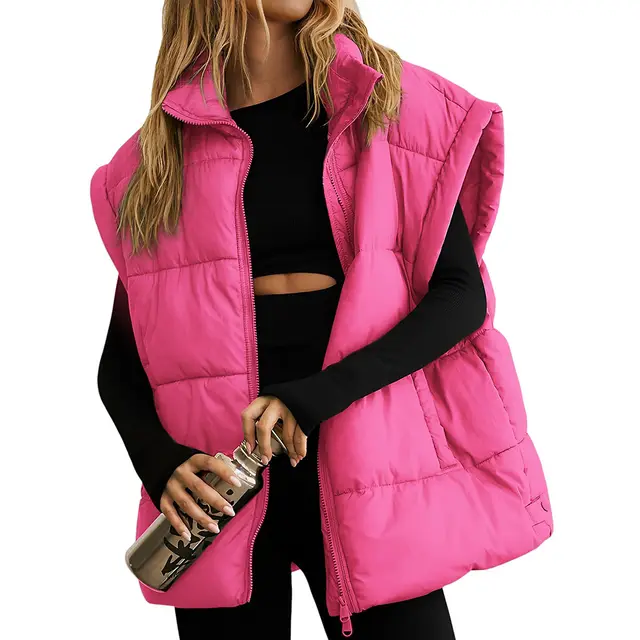 Flounced Sleeve Down Cotton Vest Vest Fashion Loose Sleeveless Pure Color Cotton Clothing Women Rose Red - Shop at LoveMi