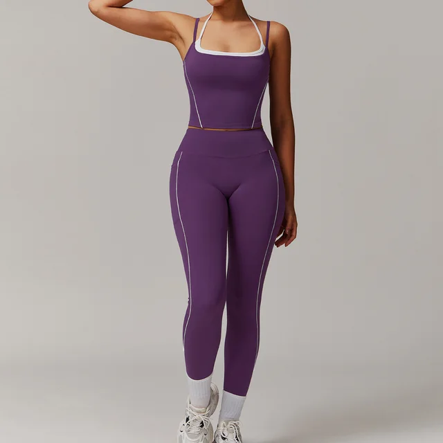 Elastic Fake Two piece High grade Women's Sports Running Fitness Clothes Purple - Shop at LoveMi