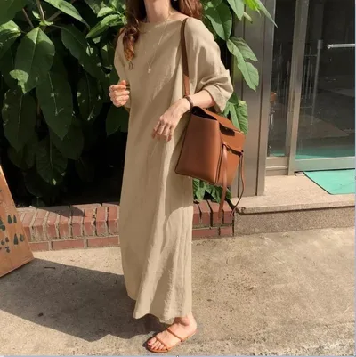 Artistic Casual Retro Round Neck Loose Large Size Long Dress Beige - Shop at LoveMi