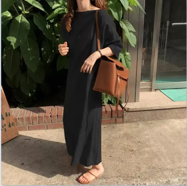 Artistic Casual Retro Round Neck Loose Large Size Long Dress Black - Shop at LoveMi