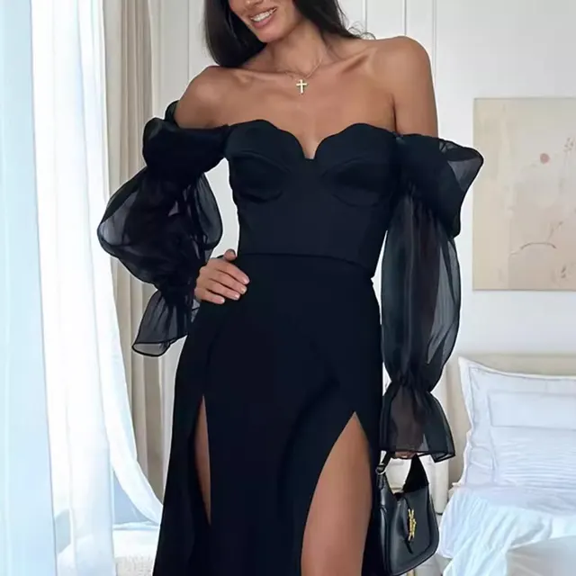 Women's Sexy Off the shoulder Tube Top Mesh Lantern Sleeve Slim Fit Slit Dress Black - Shop at LoveMi