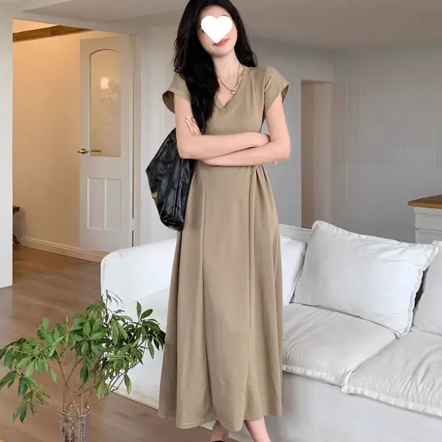 Simple V neck Tight Waist Elegant Long Slimming All matching Dress Khaki - Shop at LoveMi