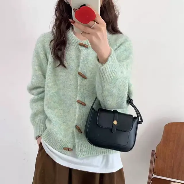 Horn Button Knitted Cardigan For Women Autumn And Winter New Loose Soft Cover Bean Green - Shop at LoveMi
