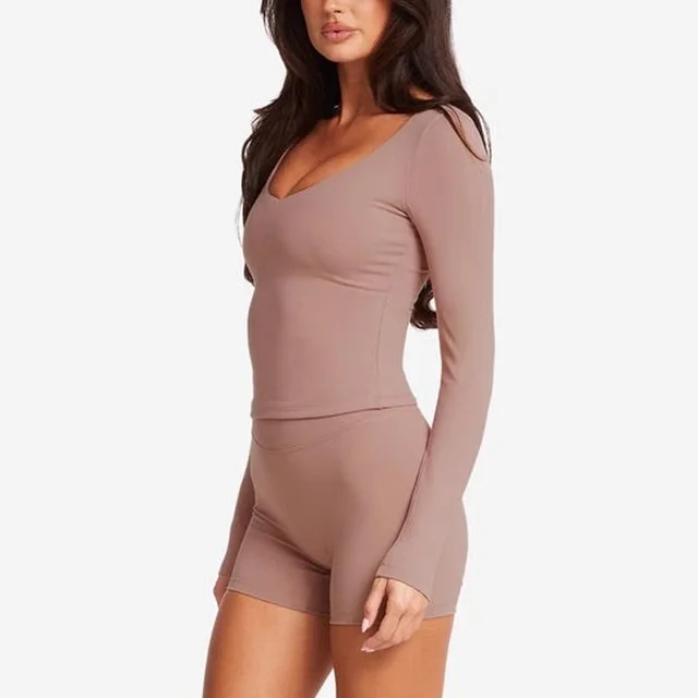 Slim Fit Slimming Sports Outerwear Bottoming Shirt Small V neck Yoga Clothes Long Sleeve U110 Blush Long Sleeve - Shop at LoveMi