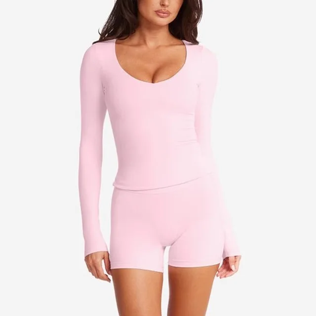 Slim Fit Slimming Sports Outerwear Bottoming Shirt Small V neck Yoga Clothes Long Sleeve U110 Pink Long Sleeve - Shop at LoveMi