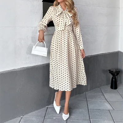 New Elegant Retro Style Bow Collar Long Sleeve Waist Dress White - Shop at LoveMi