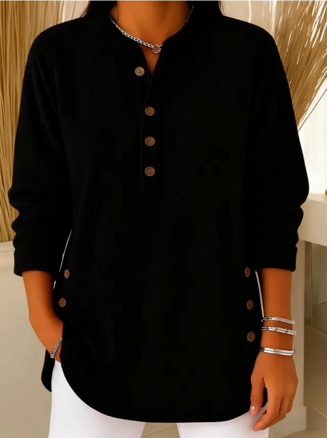 Solid Color Loose Casual V neck Button Long sleeved Women Blouse T shirt Black - Shop at LoveMi