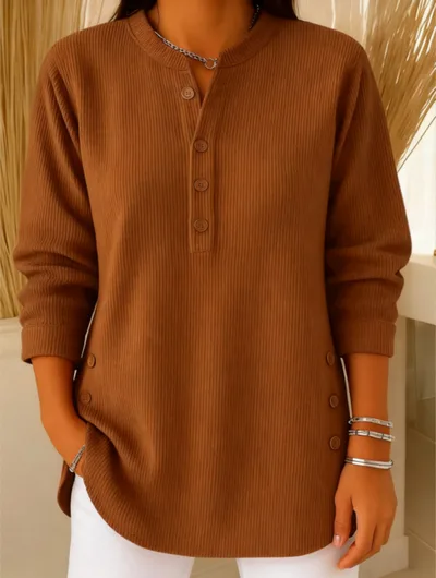 Solid Color Loose Casual V neck Button Long sleeved Women Blouse T shirt Brown - Shop at LoveMi