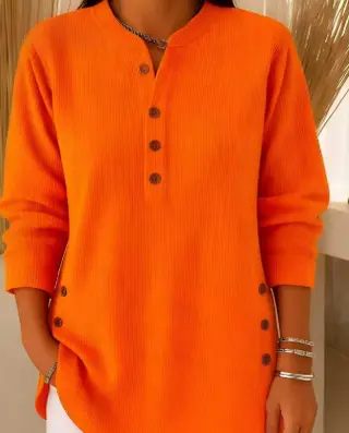 Solid Color Loose Casual V-neck Button Long-sleeved Women Blouse T-shirt - Orange