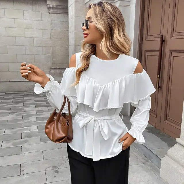 Women's Long sleeved Ruffled Off the shoulder Lace up Crew Neck Shirt White - Shop at LoveMi