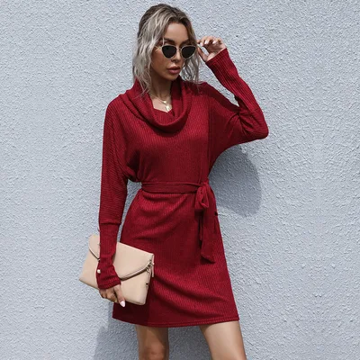 Pile Collar Bottoming Sweater Mid length Foreign Trade Base Sweater Dress Wine Red - Shop at LoveMi